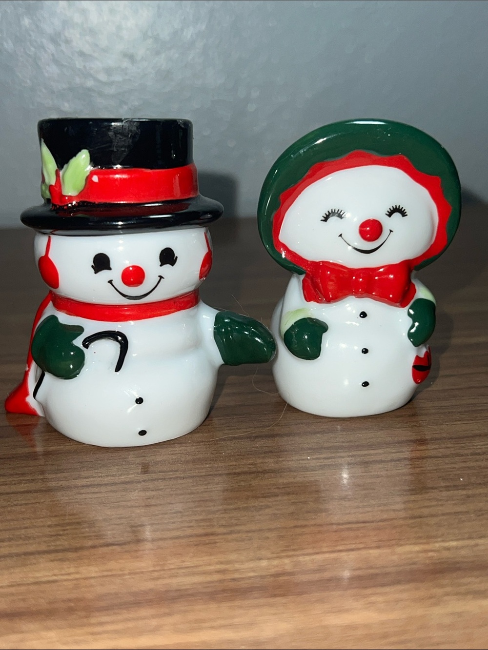 Vintage White, Red & Green Snowman Salt and Pepper Shakers